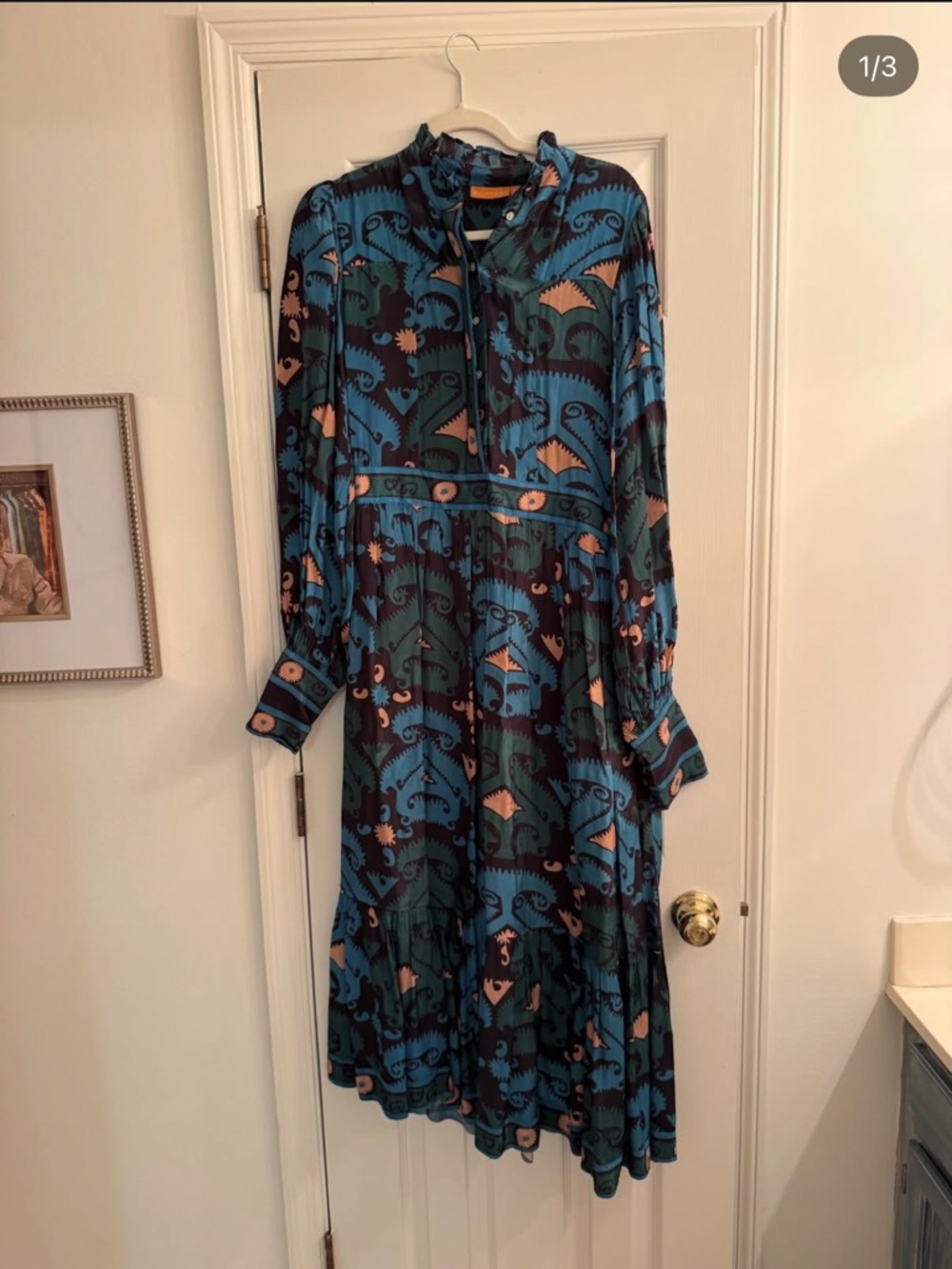 Oliphant Teal and Black Abstract Midi Dress with Peach Accents